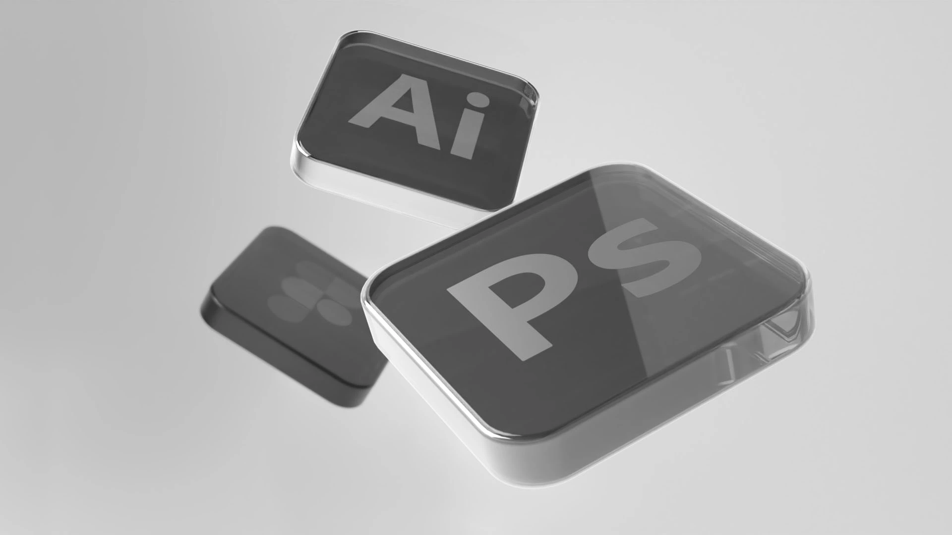 3D render from Blender of Adobe Photoshop, Illustrator, and Figma icons on a light background, highlighting graphic design tools used by the freelance designer.